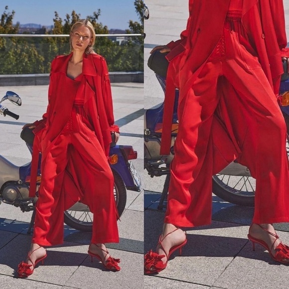 Nocturne red lace up satin wide leg draped pants size 1 - Picture 1 of 9